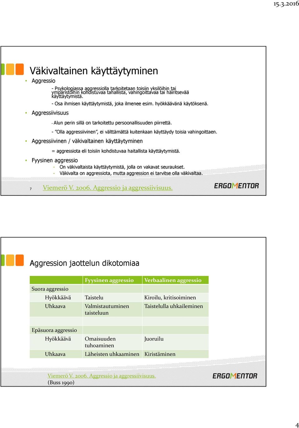 - Olla aggressiivinen, ei välttämättä kuitenkaan käyttäydy toisia vahingoittaen. Aggressiivinen / väkivaltainen käyttäytyminen = aggressiota eli toisiin kohdistuvaa haitallista käyttäytymistä.