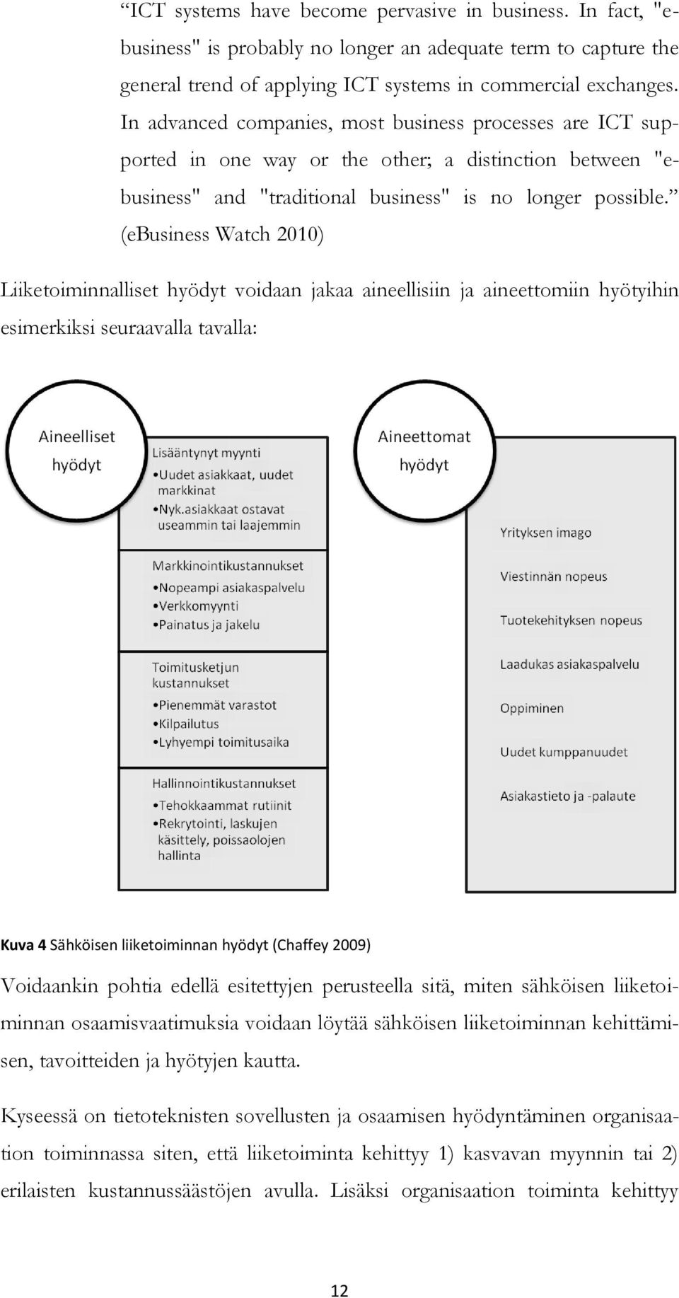 (ebusiness Watch 2010) Liiketoiminnalliset hyödyt voidaan jakaa aineellisiin ja aineettomiin hyötyihin esimerkiksi seuraavalla tavalla: Kuva 4 Sähköisen liiketoiminnan hyödyt (Chaffey 2009)