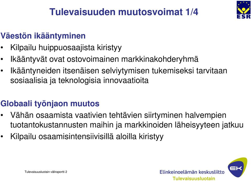 teknologisia innovaatioita Globaali työnjaon muutos Vähän osaamista vaativien tehtävien siirtyminen halvempien