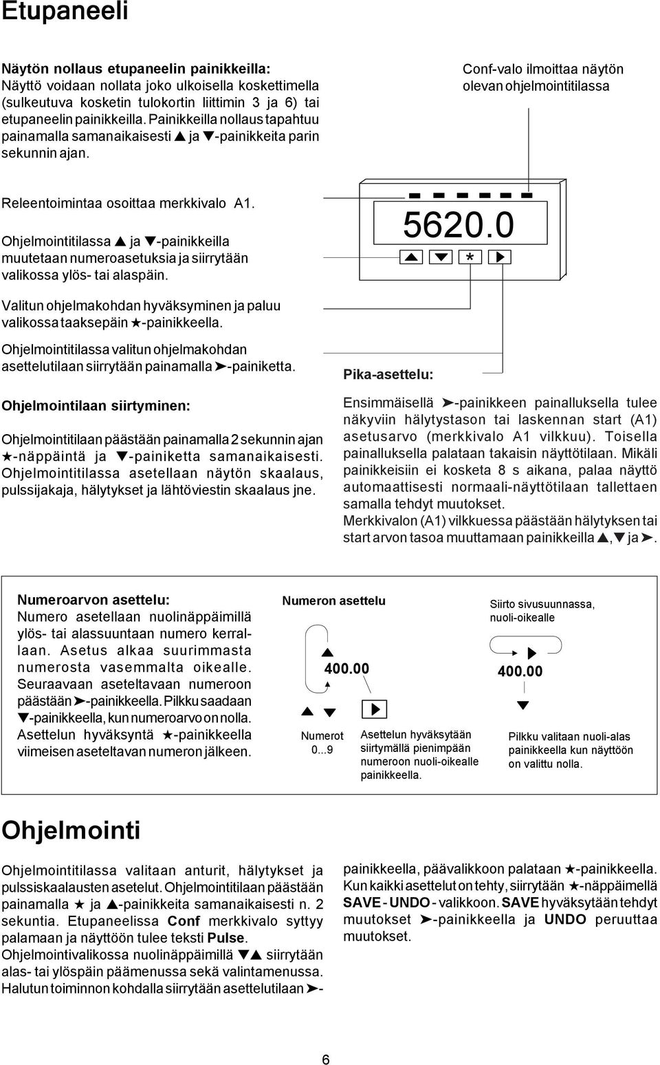 Ohjelmointitilassa ja -painikkeilla muutetaan numeroasetuksia ja siirrytään valikossa ylös- tai alaspäin. 0.0 * Valitun ohjelmakohdan hyväksyminen ja paluu valikossa taaksepäin -painikkeella.