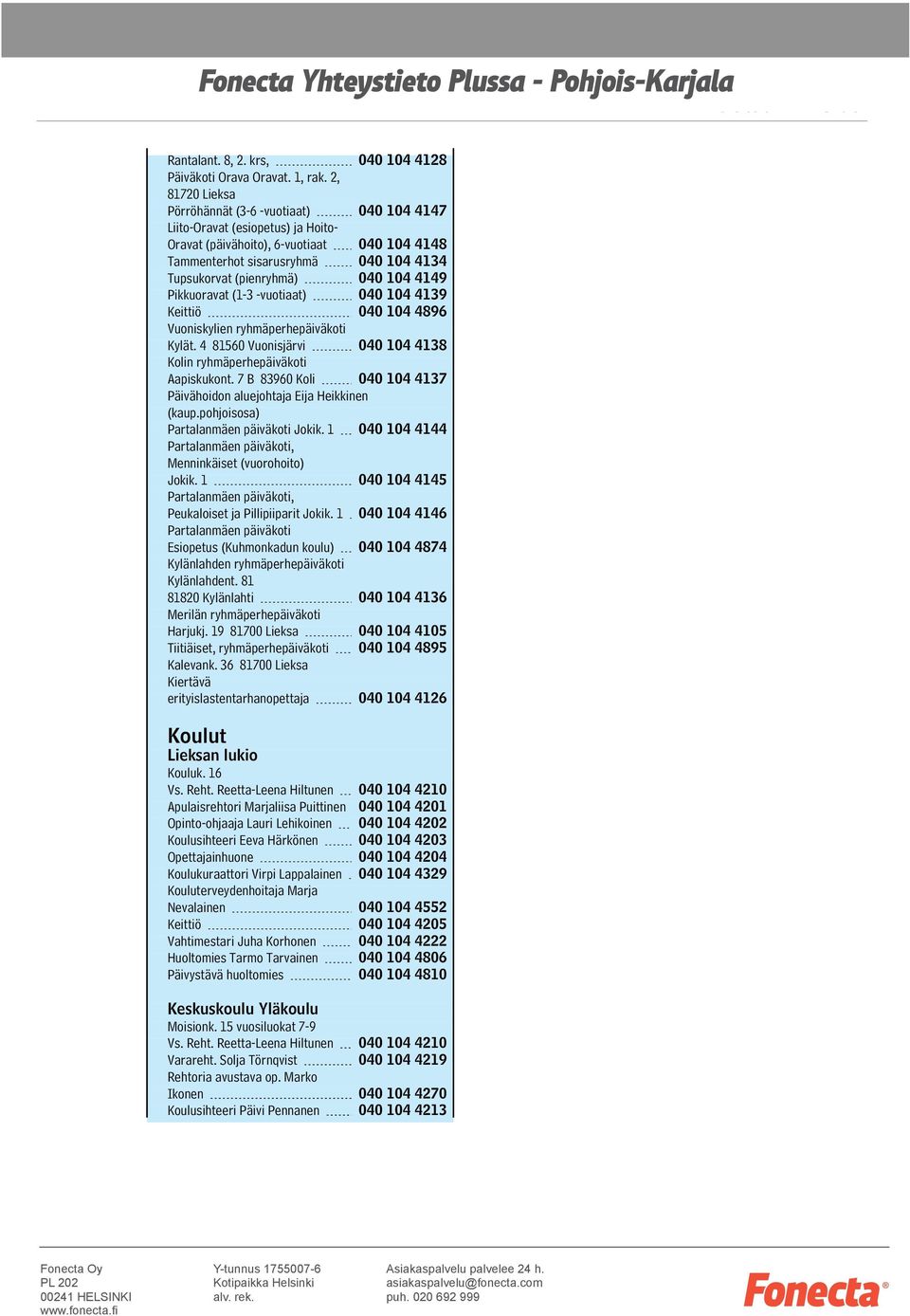 040 104 4149 Pikkuoravat (1-3 -vuotiaat) 040 104 4139 Keittiö 040 104 4896 Vuoniskylien ryhmäperhepäiväkoti Kylät. 4 81560 Vuonisjärvi 040 104 4138 Kolin ryhmäperhepäiväkoti Aapiskukont.