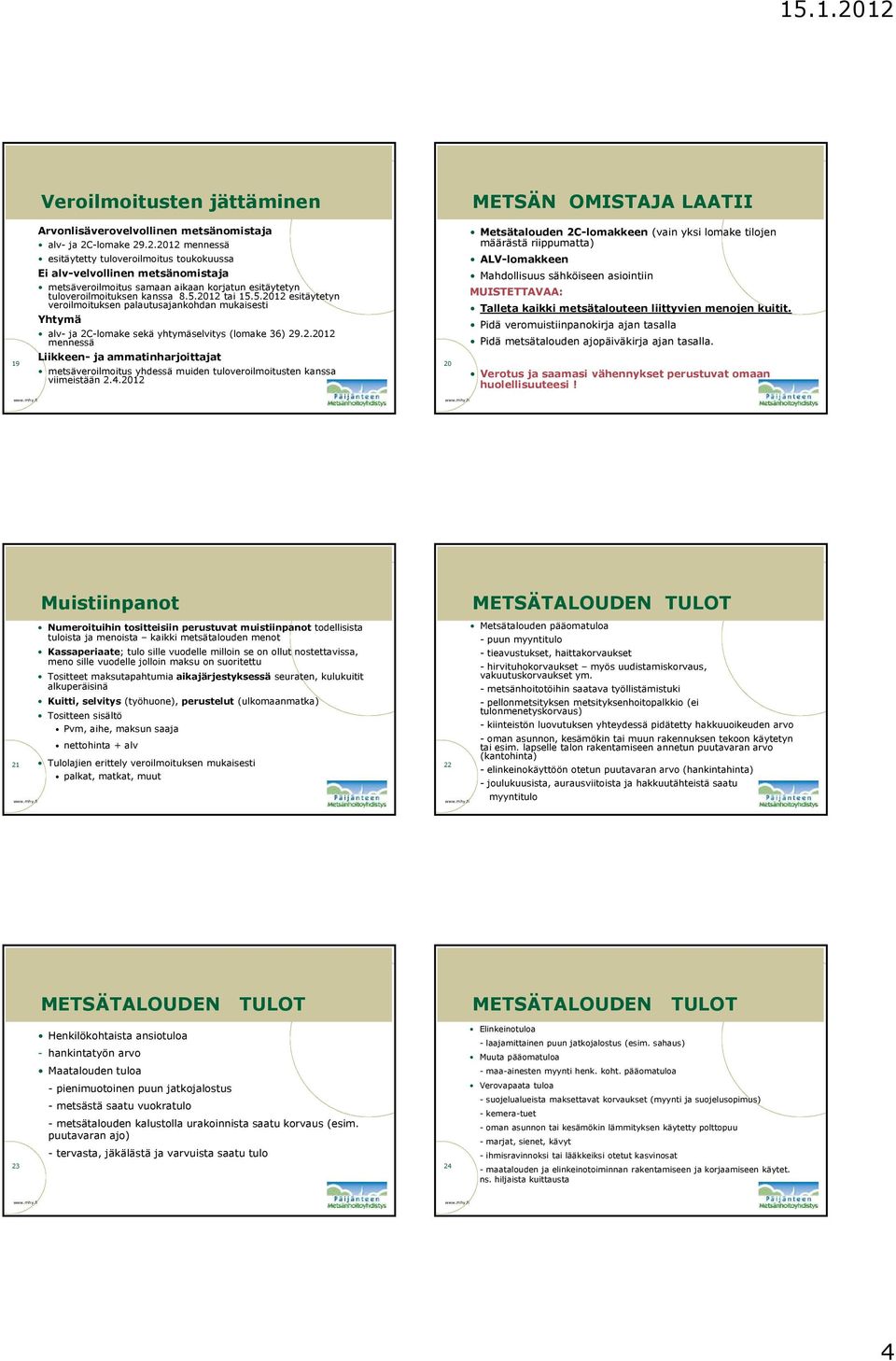 .2.2012 mennessä Metsätalouden 2C-lomakkeen (vain yksi lomake tilojen määrästä riippumatta) esitäytetty tuloveroilmoitus toukokuussa ALV-lomakkeen Ei alv-velvollinen metsänomistaja metsäveroilmoitus