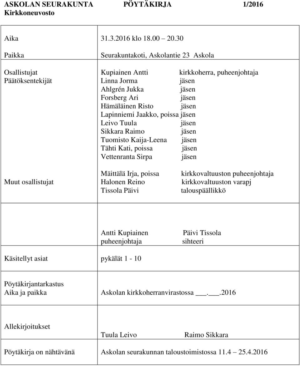 Leivo Tuula jäsen Sikkara Raimo jäsen Tuomisto Kaija-Leena jäsen Tähti Kati, poissa jäsen Vettenranta Sirpa jäsen Muut osallistujat Mäittälä Irja, poissa Halonen Reino Tissola Päivi kirkkovaltuuston