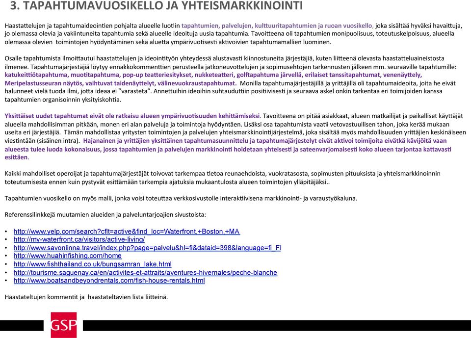 TavoiNeena oli tapahtumien monipuolisuus, toteutuskelpoisuus, alueella olemassa olevien toimintojen hyödyntäminen sekä aluena ympärivuo5ses5 ak5voivien tapahtumamallien luominen.