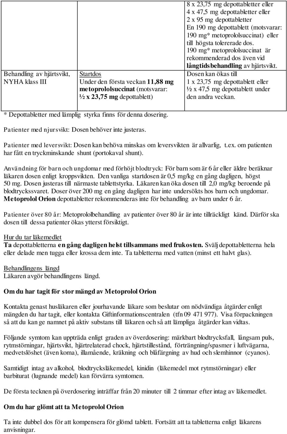 190 mg* metoprololsuccinat är rekommenderad dos även vid långtidsbehandling av hjärtsvikt. Dosen kan ökas till 1 x 23,75 mg depottablett eller ½ x 47,5 mg depottablett under den andra veckan.