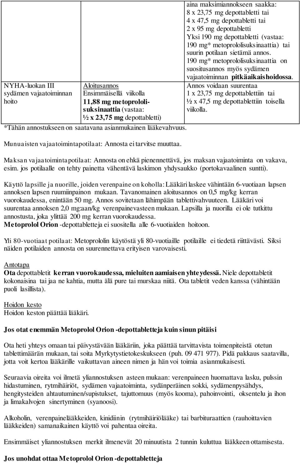 aina maksimiannokseen saakka: 8 x 23,75 mg depottabletti tai 4 x 47,5 mg depottabletti tai 2 x 95 mg depottabletti Yksi 190 mg depottabletti (vastaa: 190 mg* metoprololisuksinaattia) tai suurin