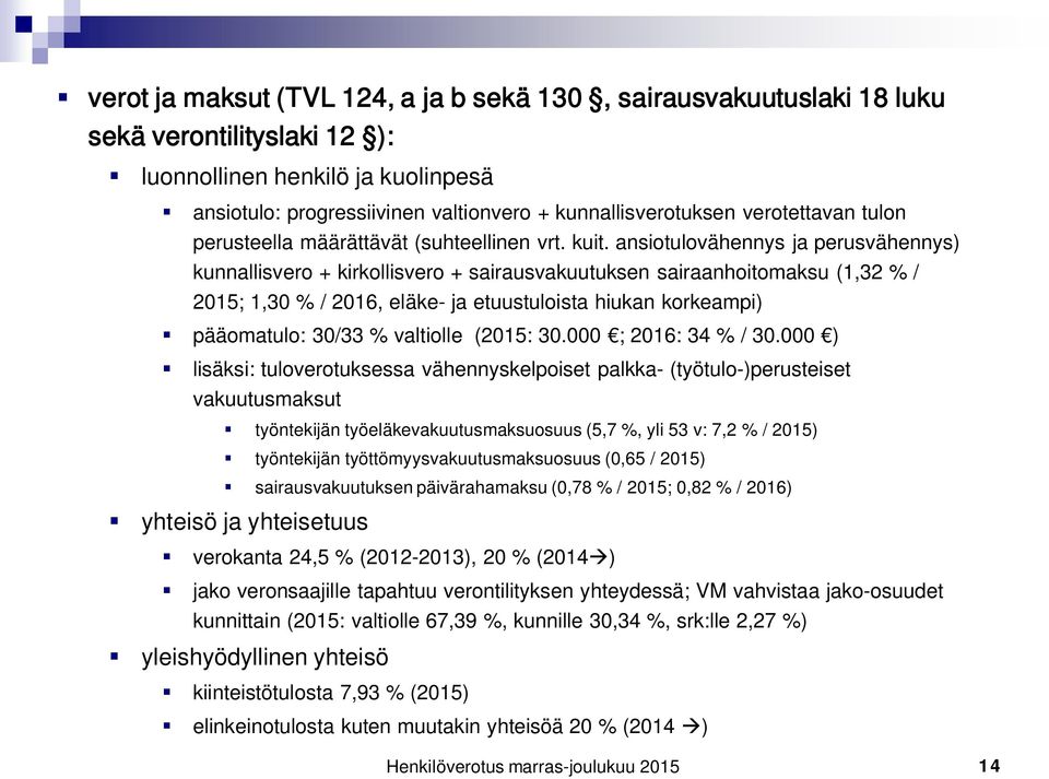 ansiotulovähennys ja perusvähennys) kunnallisvero + kirkollisvero + sairausvakuutuksen sairaanhoitomaksu (1,32 % / 2015; 1,30 % / 2016, eläke- ja etuustuloista hiukan korkeampi) pääomatulo: 30/33 %