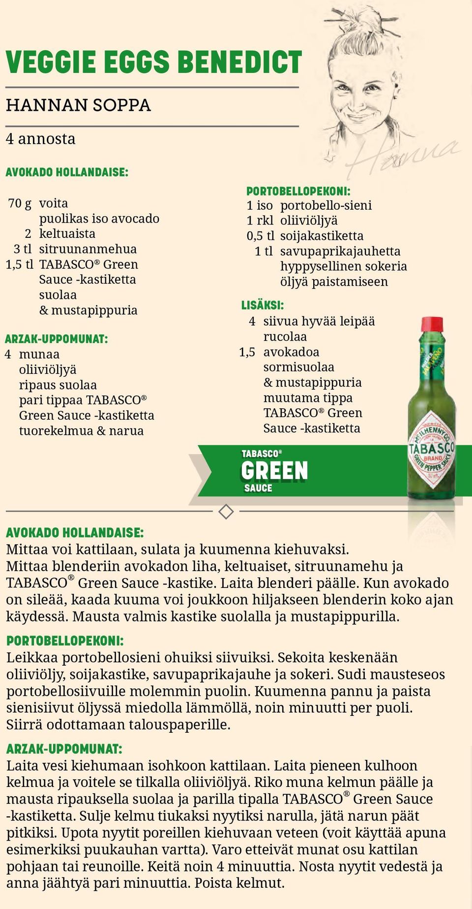 tl savupaprikajauhetta hyppysellinen sokeria öljyä paistamiseen LISÄKSI: 4 siivua hyvää leipää rucolaa 1,5 avokadoa sormisuolaa & mustapippuria muutama tippa TABASCO Green Sauce -kastiketta TABASCO