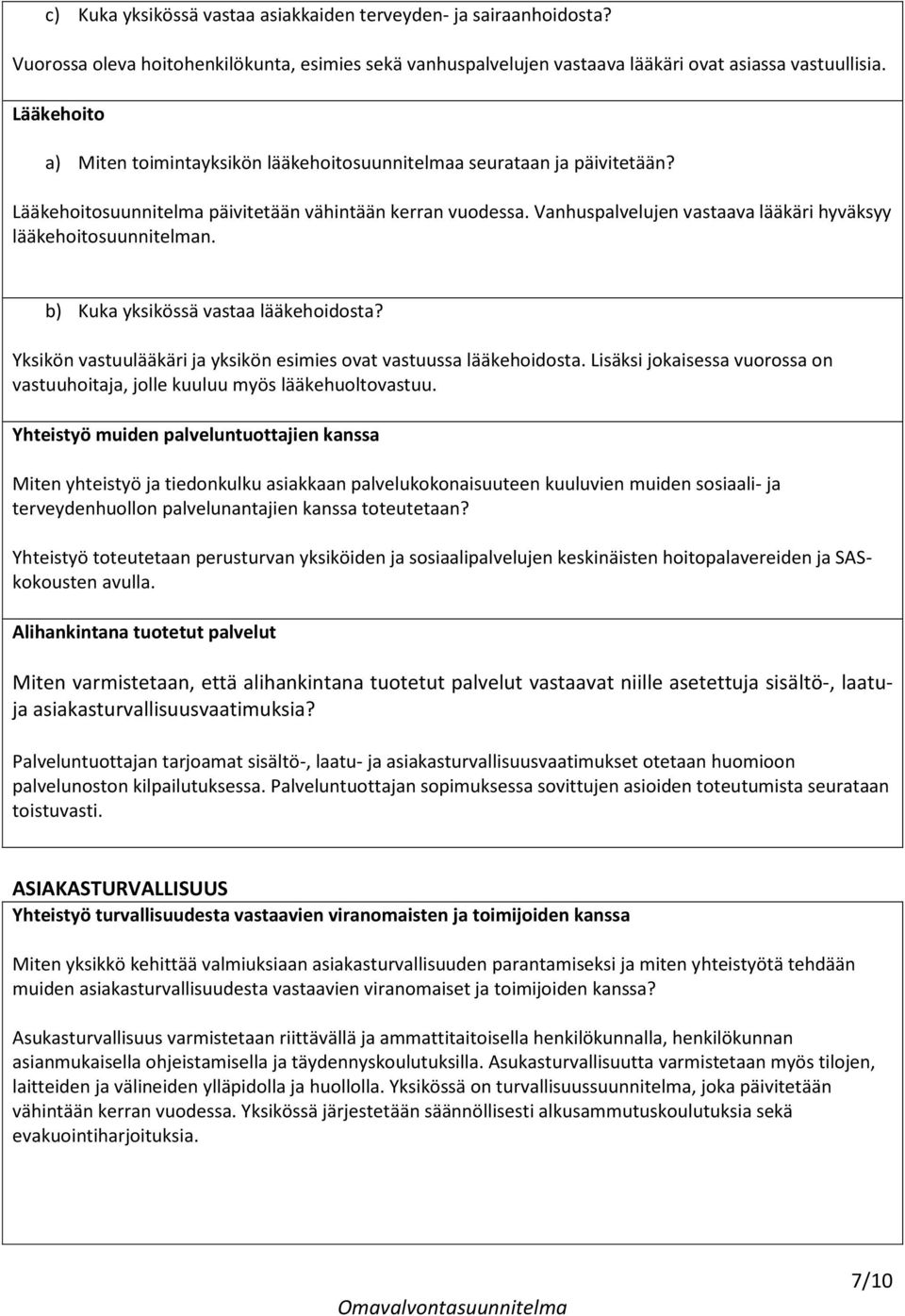 Vanhuspalvelujen vastaava lääkäri hyväksyy lääkehoitosuunnitelman. b) Kuka yksikössä vastaa lääkehoidosta? Yksikön vastuulääkäri ja yksikön esimies ovat vastuussa lääkehoidosta.