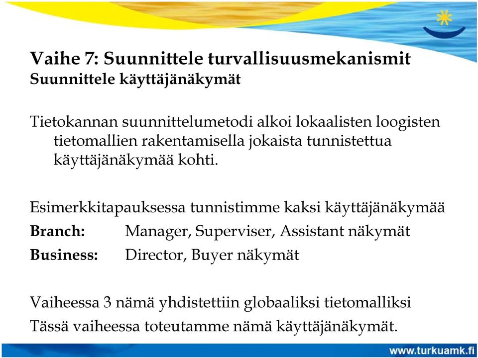 Esimerkkitapauksessa tunnistimme kaksi käyttäjänäkymää Branch: Manager, Superviser, Assistant