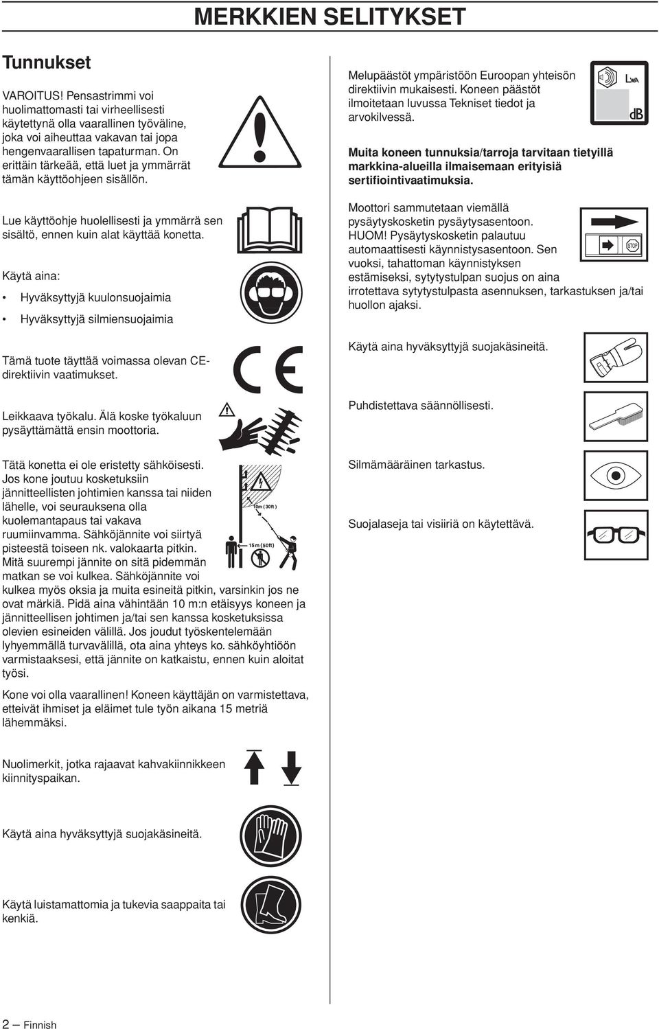 Käytä aina: Hyväksyttyjä kuulonsuojaimia Hyväksyttyjä silmiensuojaimia Tämä tuote täyttää voimassa olevan CEdirektiivin vaatimukset. Leikkaava työkalu.