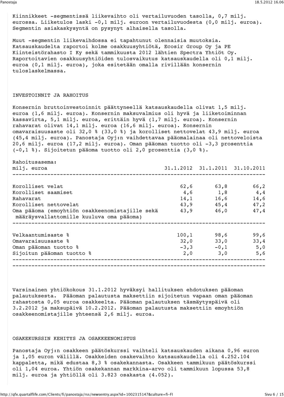 Katsauskaudelta raportoi kolme osakkuusyhtiötä, Ecosir Group Oy ja PE Kiinteistörahasto I Ky sekä tammikuusta 2012 lähtien Spectra Yhtiöt Oy.