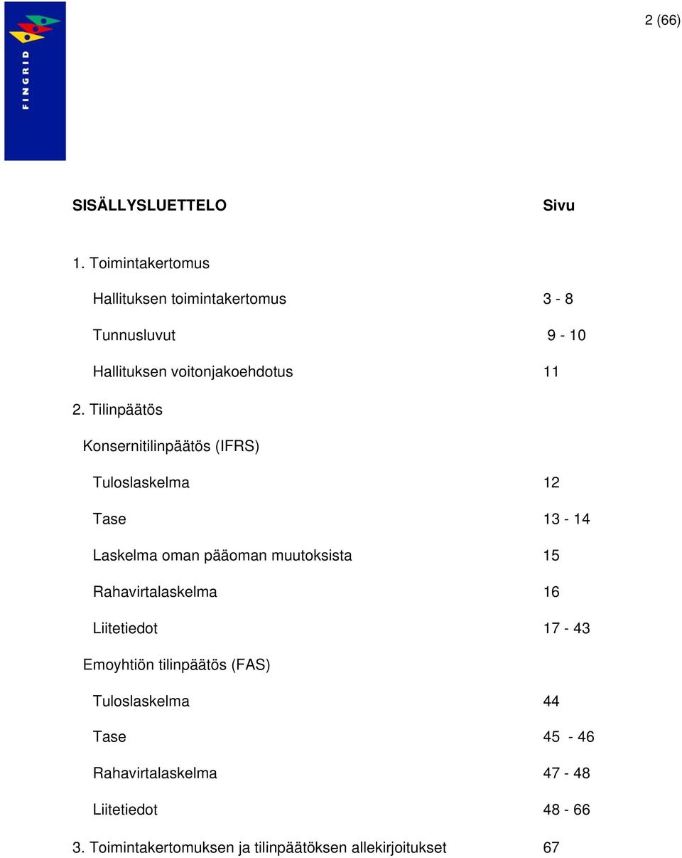 Tilinpäätös Konsernitilinpäätös (IFRS) Tuloslaskelma 12 Tase 13-14 Laskelma oman pääoman muutoksista 15