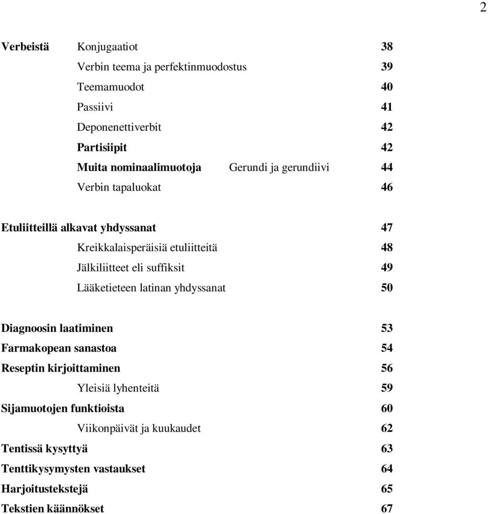 Jälkiliitteet eli suffiksit 49 Lääketieteen latinan yhdyssanat 50 Diagnoosin laatiminen 53 Farmakopean sanastoa 54 Reseptin kirjoittaminen 56