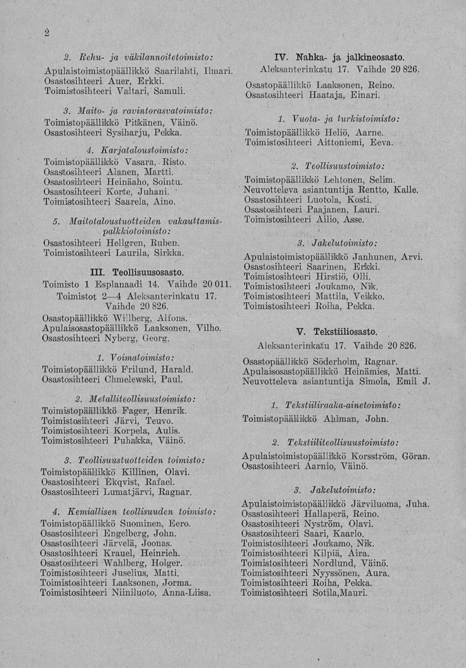 Osastosihteeri Heinäaho, Sointu, Osastosihteeri Korte, Juhani. ' Toimistosihteeri Saarela, Aino. 5. Maitotaloustuotteiden vakauttamispalkkiotoimisto: Osastosihteeri Hellgren, Ruben.