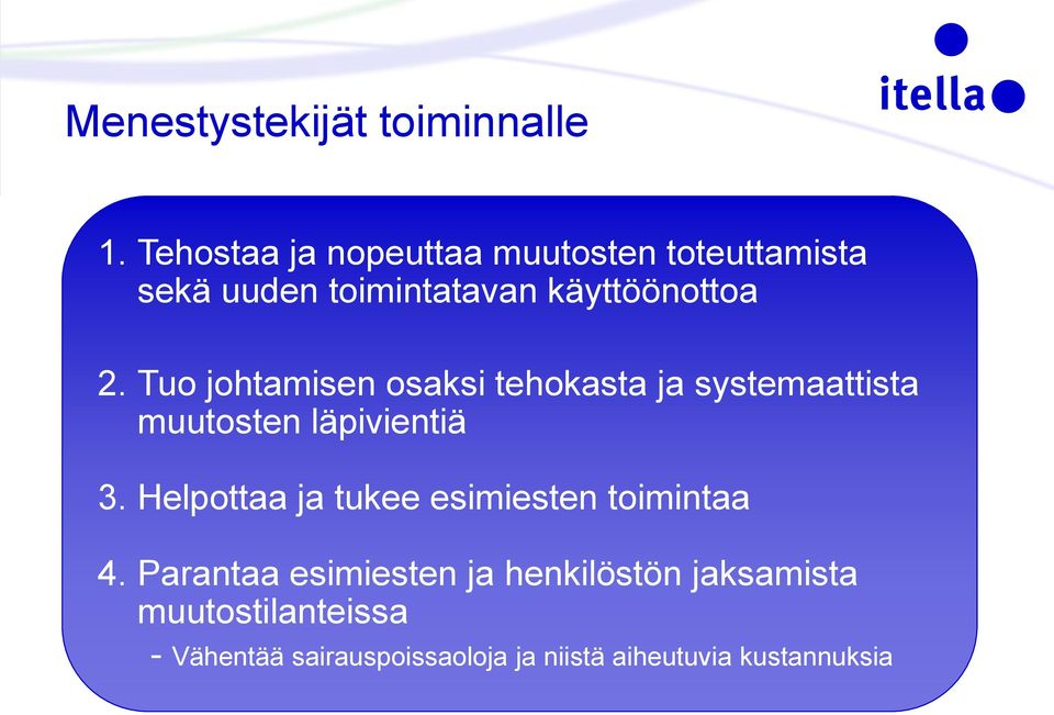 Tuo johtamisen osaksi tehokasta ja systemaattista muutosten läpivientiä 3.