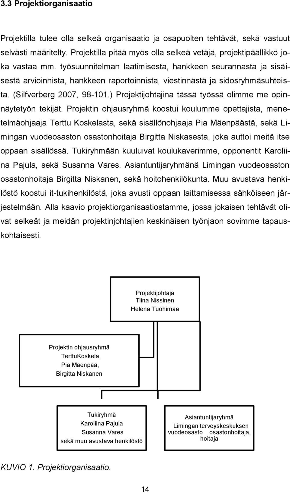 työsuunnitelman laatimisesta, hankkeen seurannasta ja sisäisestä arvioinnista, hankkeen raportoinnista, viestinnästä ja sidosryhmäsuhteista. (Silfverberg 2007, 98-101.