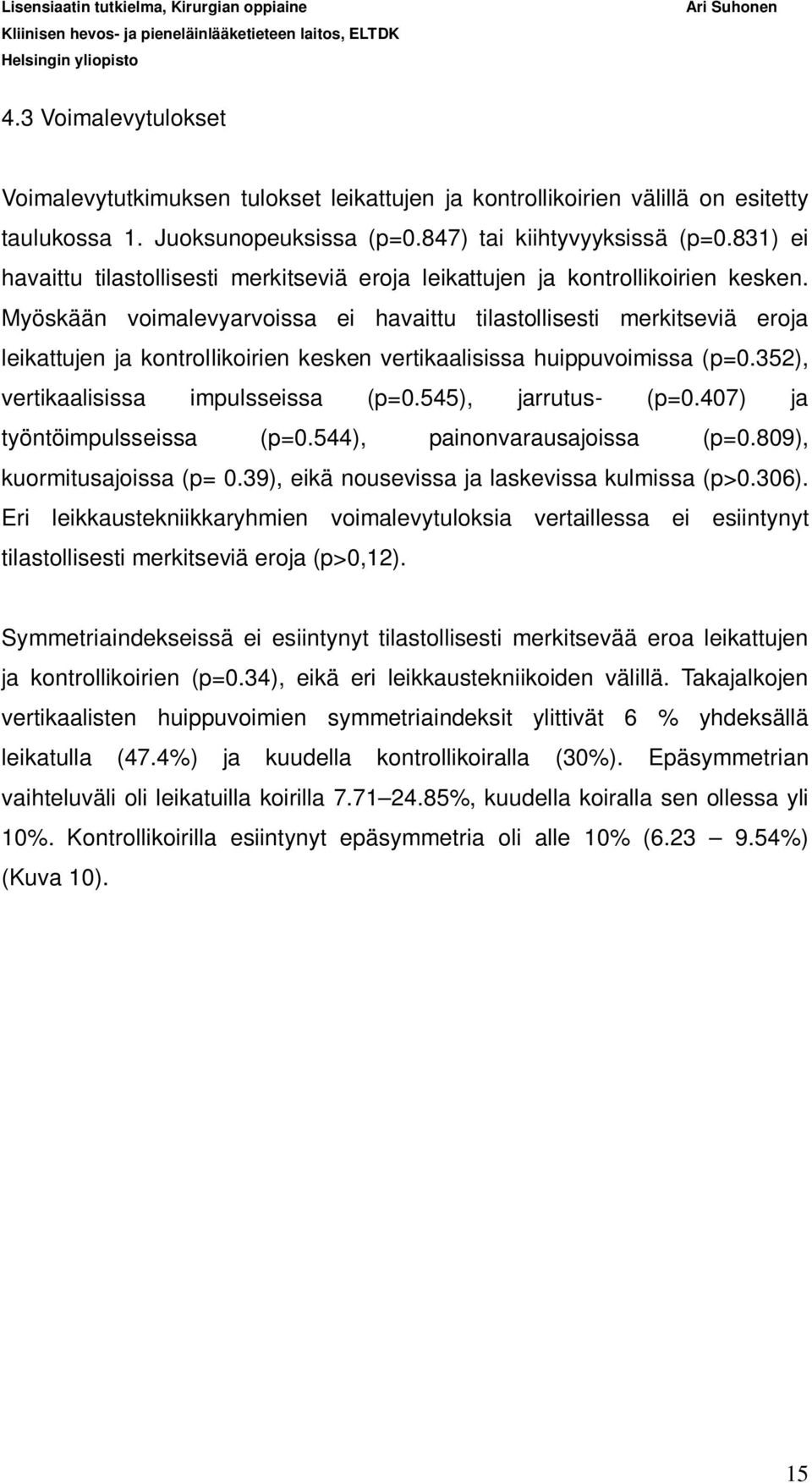 Myöskään voimalevyarvoissa ei havaittu tilastollisesti merkitseviä eroja leikattujen ja kontrollikoirien kesken vertikaalisissa huippuvoimissa (p=0.352), vertikaalisissa impulsseissa (p=0.