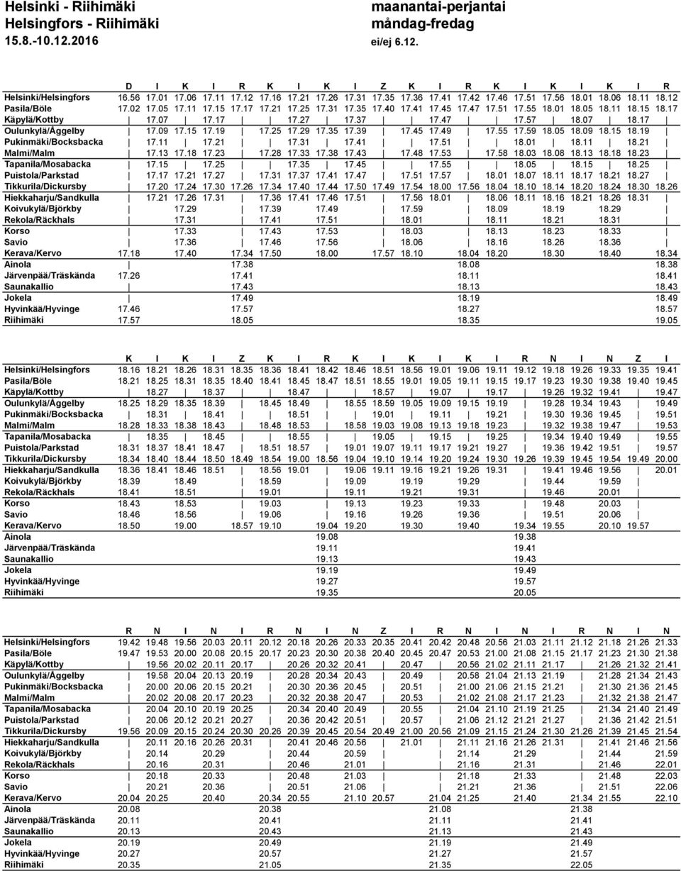 17 Käpylä/Kottby 17.07 17.17 17.27 17.37 17.47 17.57 18.07 18.17 Oulunkylä/Åggelby 17.09 17.15 17.19 17.25 17.29 17.35 17.39 17.45 17.49 17.55 17.59 18.05 18.09 18.15 18.19 Pukinmäki/Bocksbacka 17.