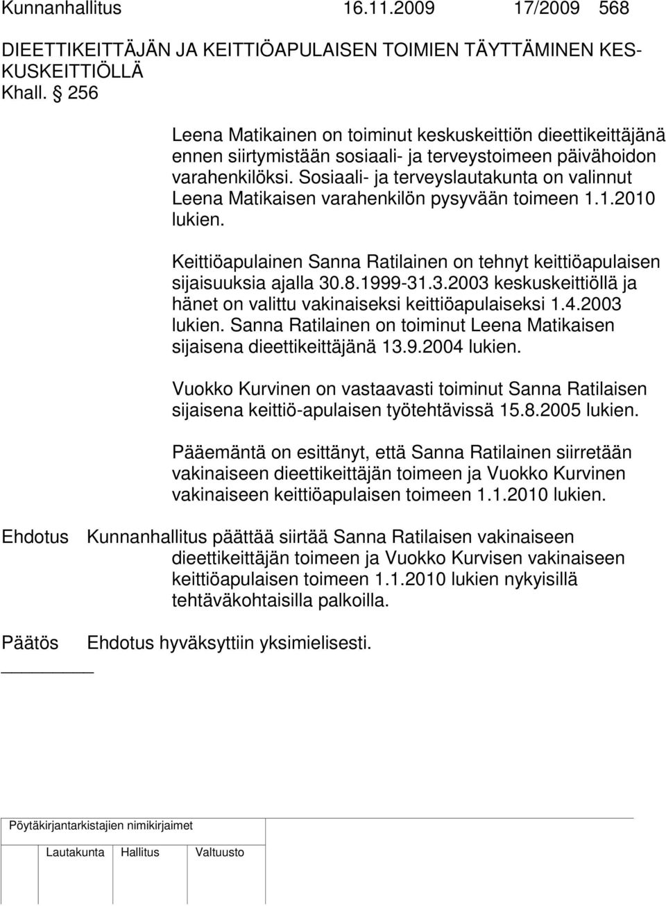 Sosiaali- ja terveyslautakunta on valinnut Leena Matikaisen varahenkilön pysyvään toimeen 1.1.2010 lukien. Keittiöapulainen Sanna Ratilainen on tehnyt keittiöapulaisen sijaisuuksia ajalla 30.8.