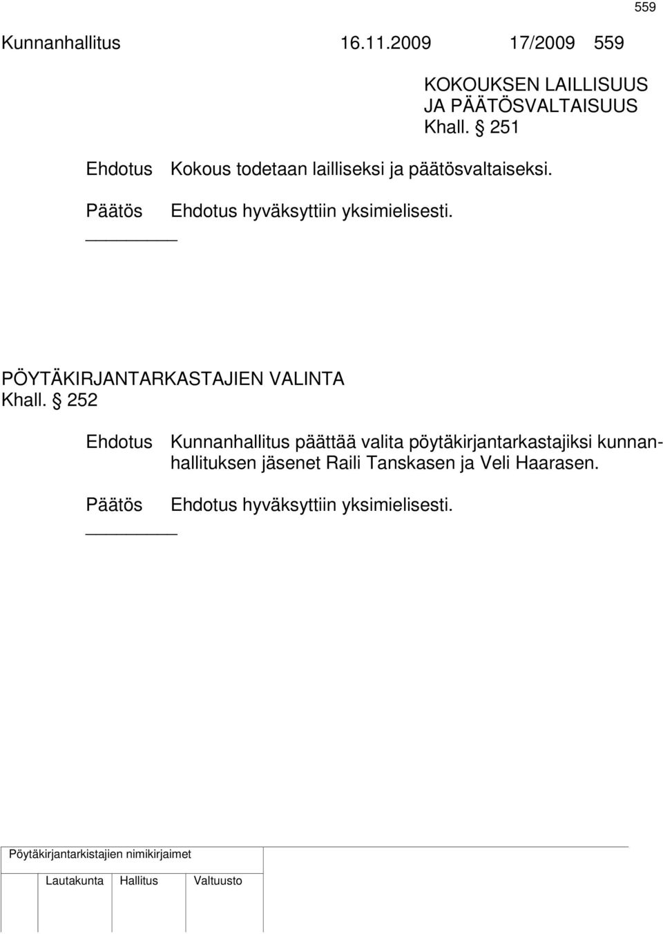 Päätös Ehdotus hyväksyttiin yksimielisesti. PÖYTÄKIRJANTARKASTAJIEN VALINTA Khall.