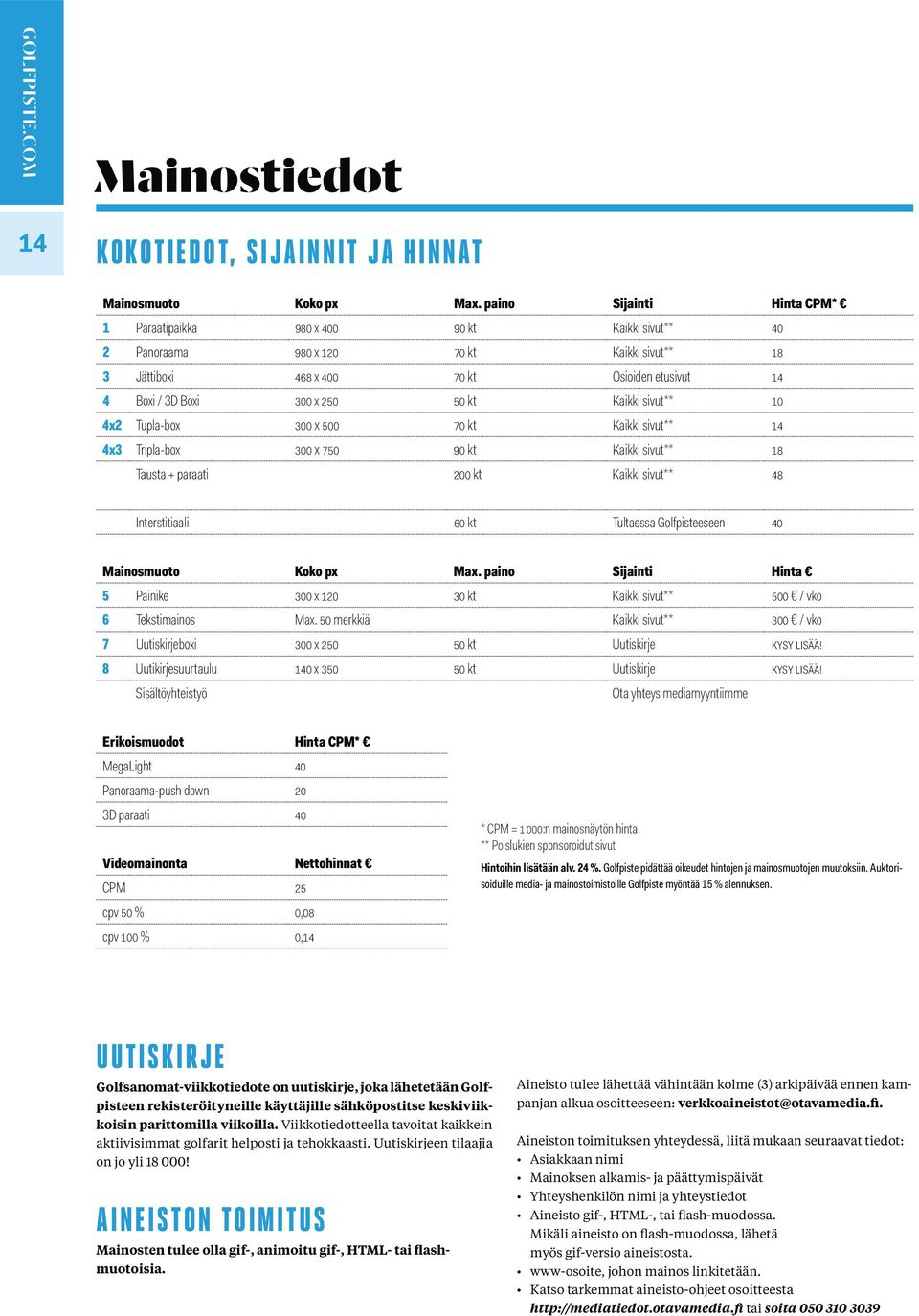 50 kt Kaikki sivut** 10 4x2 Tupla-box 300 x 500 70 kt Kaikki sivut** 14 4x3 Tripla-box 300 x 750 90 kt Kaikki sivut** 18 Tausta + paraati 200 kt Kaikki sivut** 48 Interstitiaali 60 kt Tultaessa
