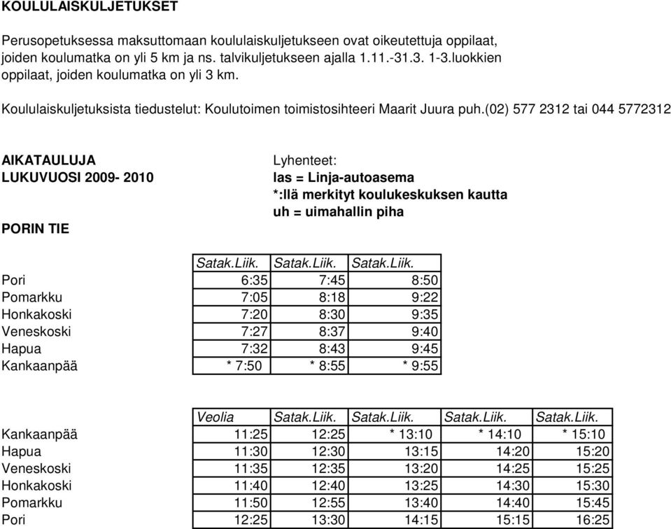 (02) 577 2312 tai 044 5772312 AIKATAULUJA LUKUVUOSI 2009-2010 PORIN TIE Lyhenteet: las = Linja-autoasema *:llä merkityt koulukeskuksen kautta uh = uimahallin piha Satak.Liik.