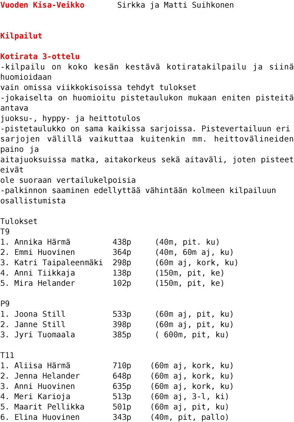 heittovälineiden paino ja aitajuoksuissa matka, aitakorkeus sekä aitaväli, joten pisteet eivät ole suoraan vertailukelpoisia -palkinnon saaminen edellyttää vähintään kolmeen kilpailuun osallistumista