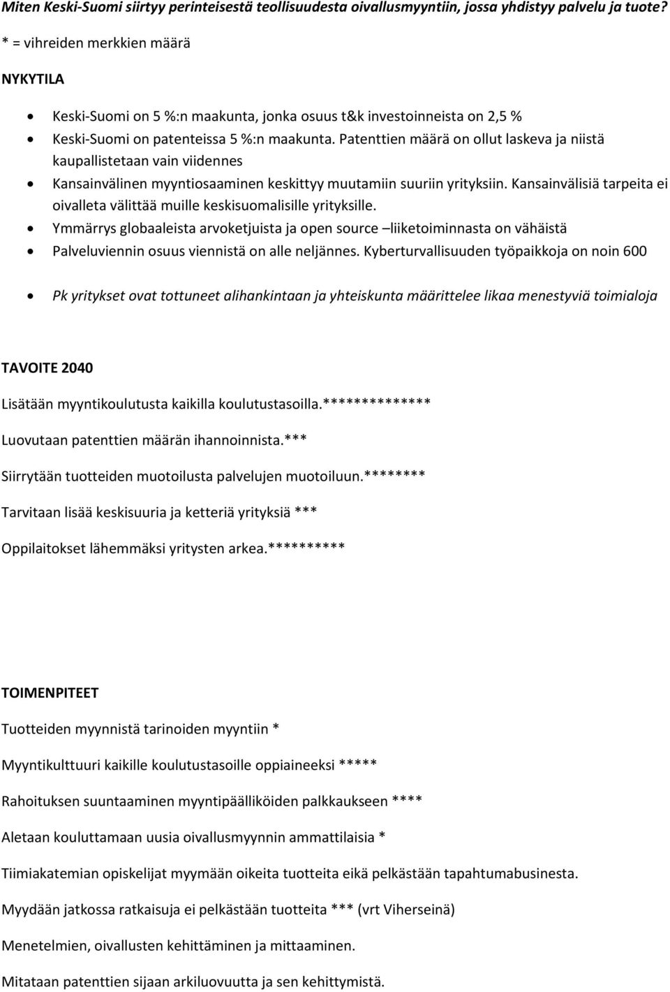 Patenttien määrä on ollut laskeva ja niistä kaupallistetaan vain viidennes Kansainvälinen myyntiosaaminen keskittyy muutamiin suuriin yrityksiin.