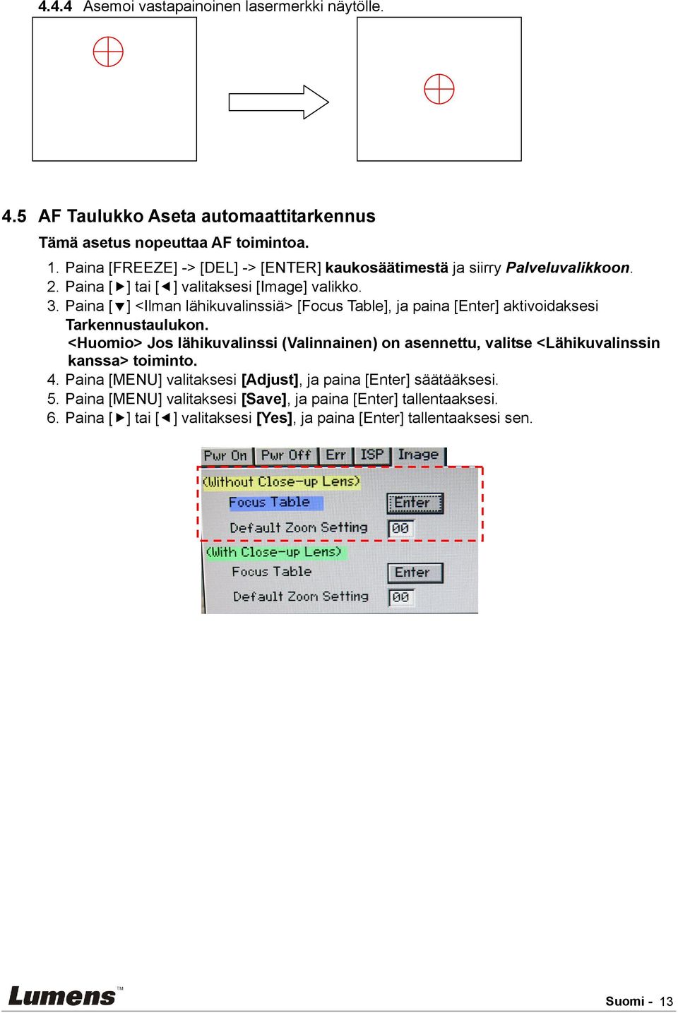 Paina [ ] <Ilman lähikuvalinssiä> [Focus Table], ja paina [Enter] aktivoidaksesi Tarkennustaulukon.