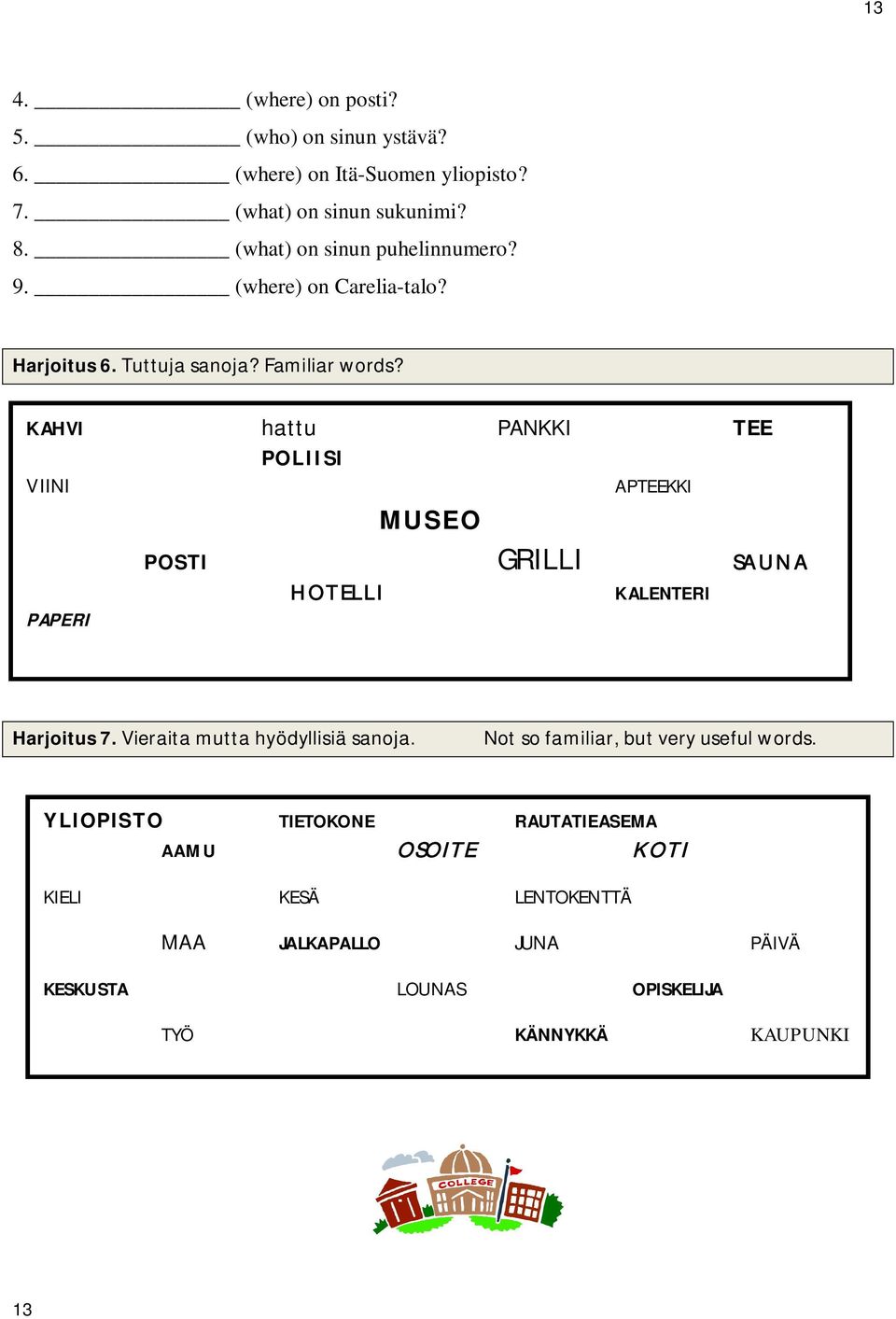 KAHVI hattu PANKKI TEE POLIISI VIINI APTEEKKI MUSEO PAPERI POSTI GRILLI SAUNA HOTELLI KALENTERI Harjoitus 7.