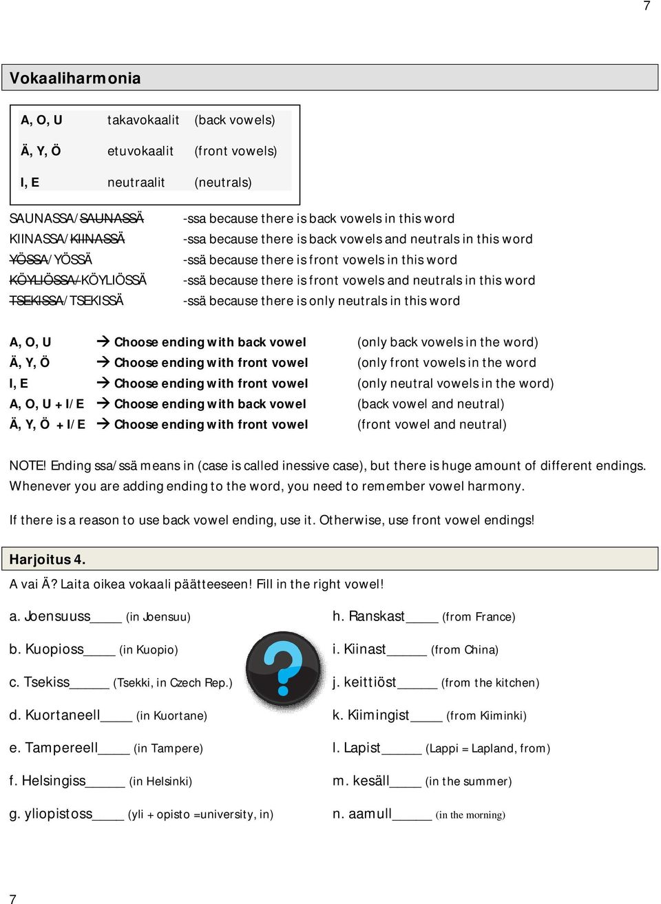 front vowels and neutrals in this word -ssä because there is only neutrals in this word A, O, U Choose ending with back vowel (only back vowels in the word) Ä, Y, Ö Choose ending with front vowel