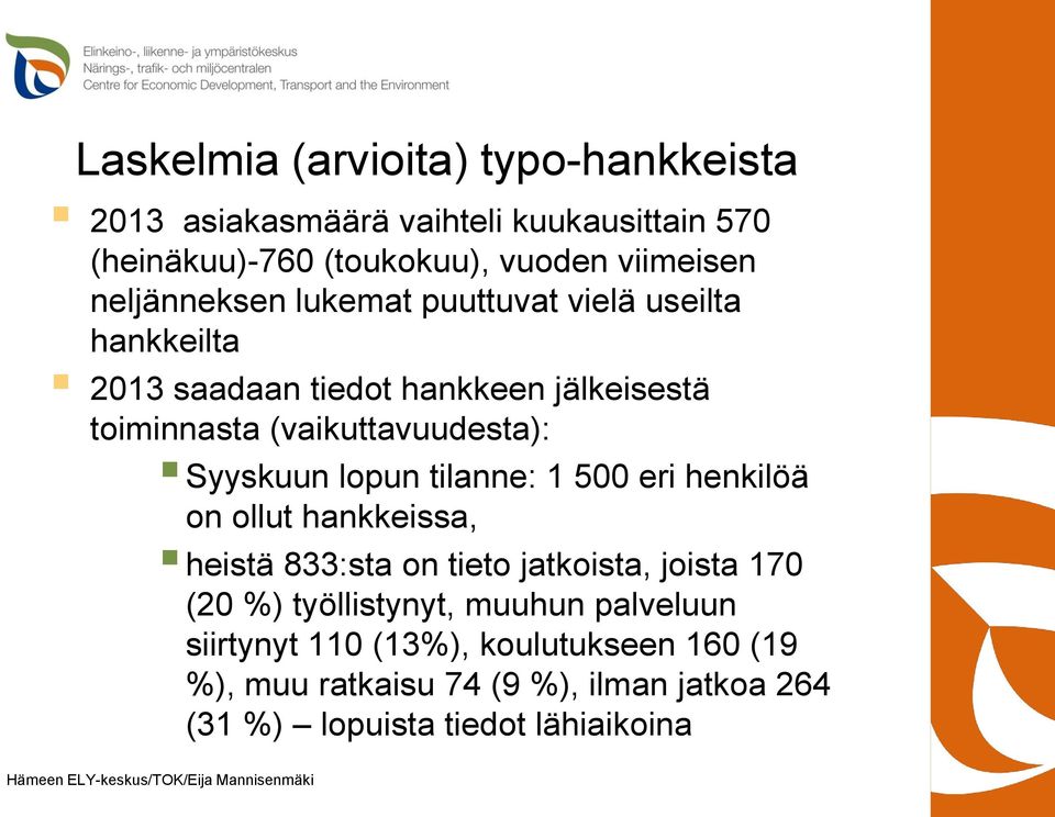 Syyskuun lopun tilanne: 1 500 eri henkilöä on ollut hankkeissa, heistä 833:sta on tieto jatkoista, joista 170 (20 %) työllistynyt,