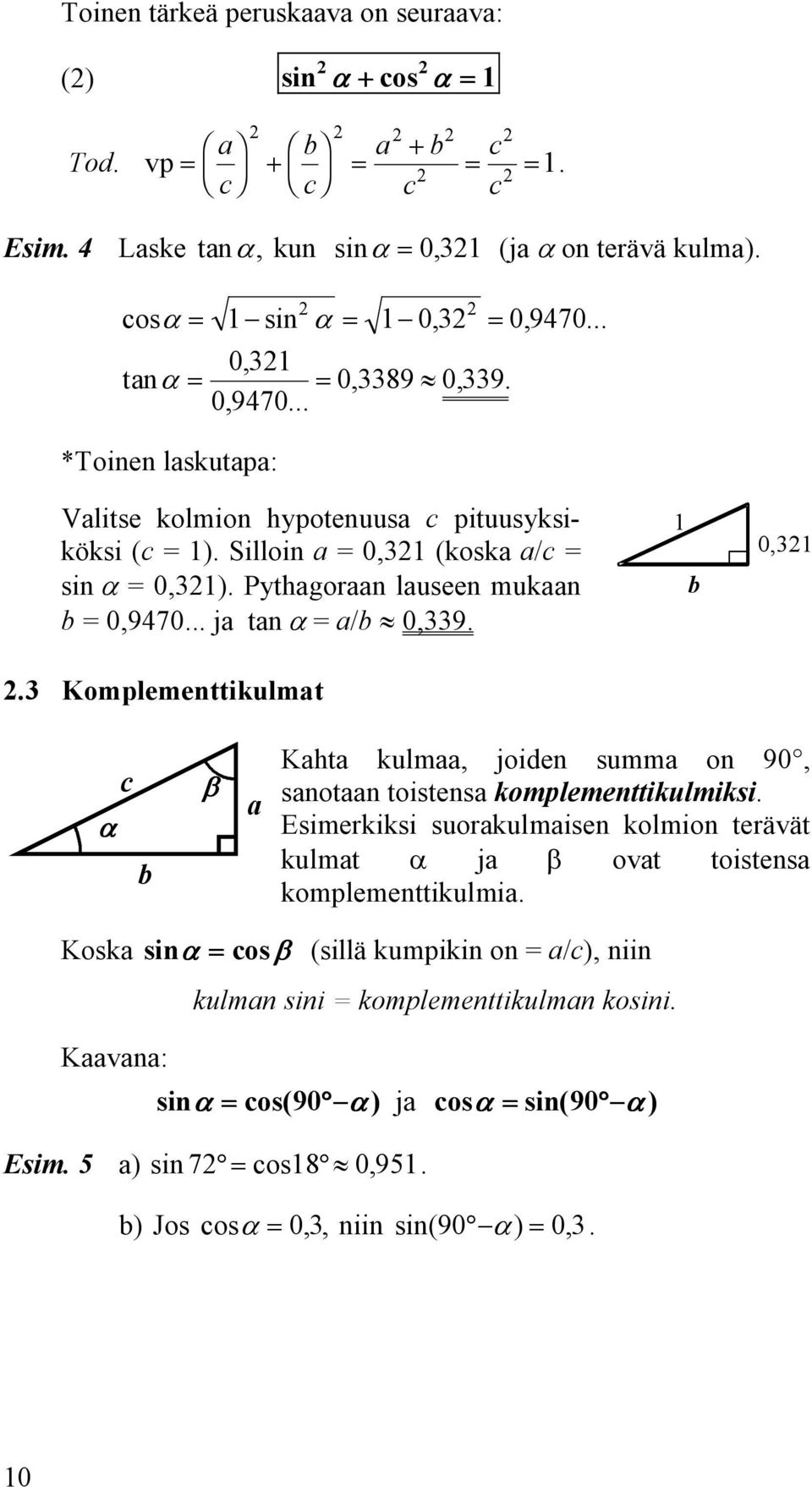 Komplementtikulmat 0, β Kahta kulmaa, joiden summa on 90, sanotaan toistensa Esimerkiksi suorakulmaisen kolmion terävät kulmat ja β ovat toistensa komplementtikulmia Koska sin =