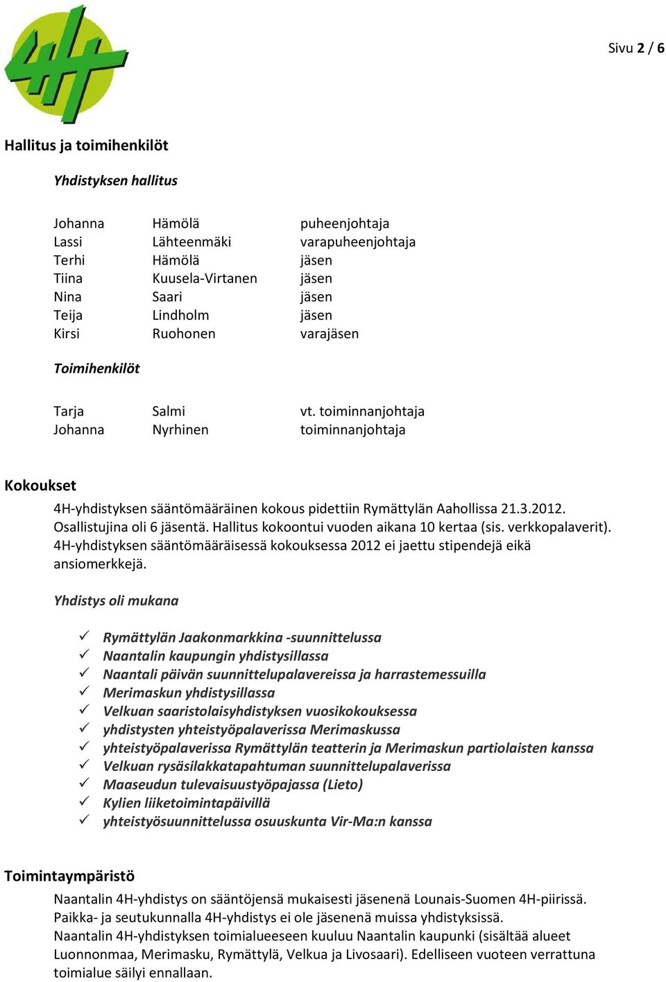 toiminnanjohtaja Johanna Nyrhinen toiminnanjohtaja Kokoukset 4H-yhdistyksen sääntömääräinen kokous pidettiin Rymättylän Aahollissa 21.3.2012. Osallistujina oli 6 jäsentä.