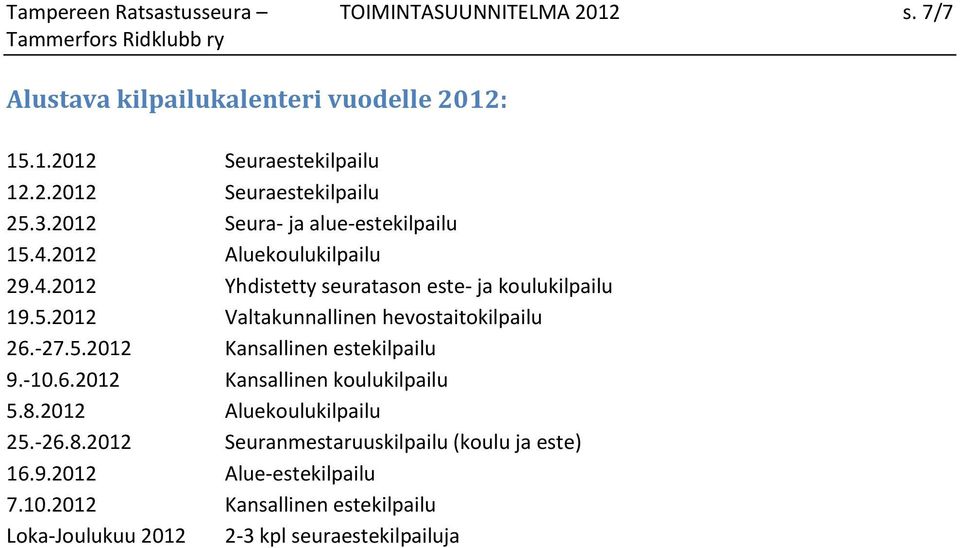 -27.5.2012 Kansallinen estekilpailu 9.-10.6.2012 Kansallinen koulukilpailu 5.8.2012 Aluekoulukilpailu 25.-26.8.2012 Seuranmestaruuskilpailu (koulu ja este) 16.