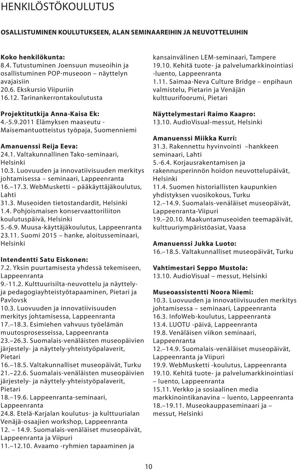 3. Luovuuden ja innovatiivisuuden merkitys johtamisessa seminaari, Lappeenranta 16. 17.3. WebMusketti pääkäyttäjäkoulutus, Lahti 31.3. Museoiden tietostandardit, Helsinki 1.4.