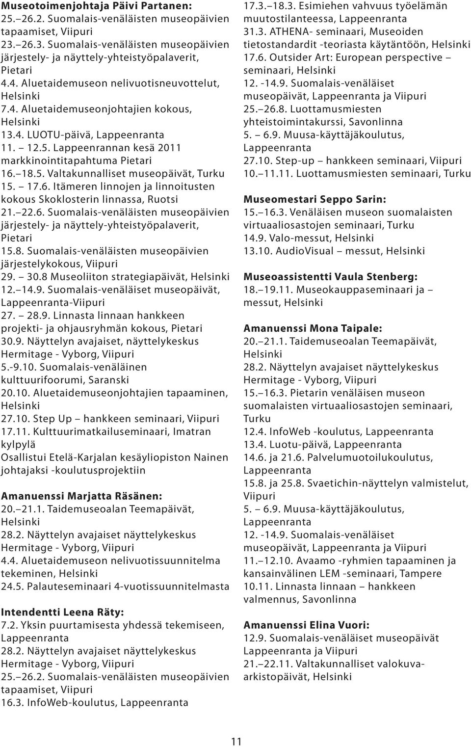 18.5. Valtakunnalliset museopäivät, Turku 15. 17.6. Itämeren linnojen ja linnoitusten kokous Skoklosterin linnassa, Ruotsi 21. 22.6. Suomalais-venäläisten museopäivien järjestely- ja näyttely-yhteistyöpalaverit, Pietari 15.