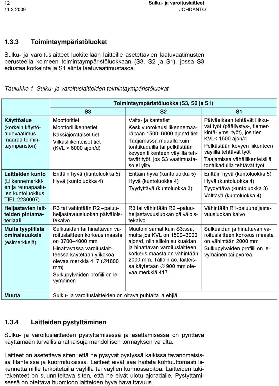 3 Toimintaympäristöluokat Sulku- ja varoituslaitteet luokitellaan laitteille asetettavien laatuvaatimusten perusteella kolmeen toimintaympäristöluokkaan (S3, S2 ja S1), jossa S3 edustaa korkeinta ja