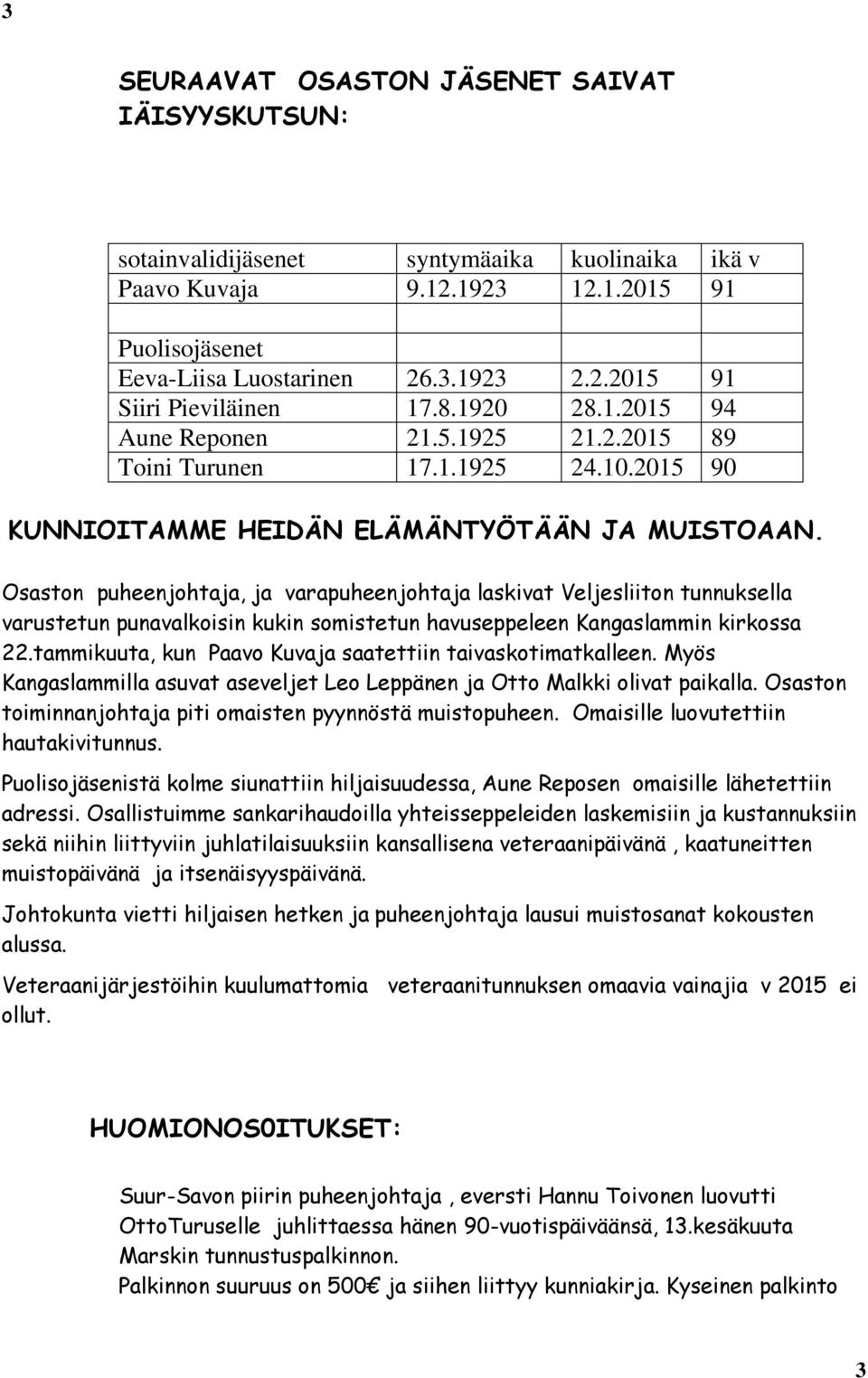 Osaston puheenjohtaja, ja varapuheenjohtaja laskivat Veljesliiton tunnuksella varustetun punavalkoisin kukin somistetun havuseppeleen Kangaslammin kirkossa 22.