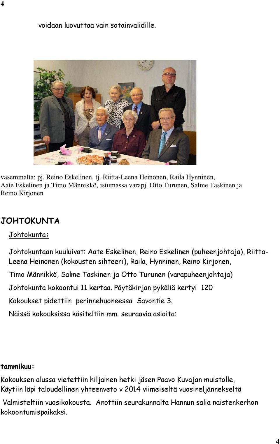 Hynninen, Reino Kirjonen, Timo Männikkö, Salme Taskinen ja Otto Turunen (varapuheenjohtaja) Johtokunta kokoontui 11 kertaa.