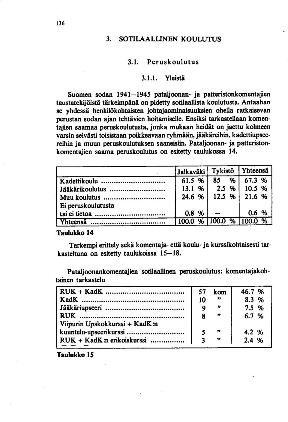 Ensiksi tarkastellaan komentajien saamaa peruskoulutusta, jonka mukaan heidät on jaettu kolmeen varsin selvästi toisistaan poikkeavaan ryhmään, jääkäreihin, kadettiupseereihin ja muun