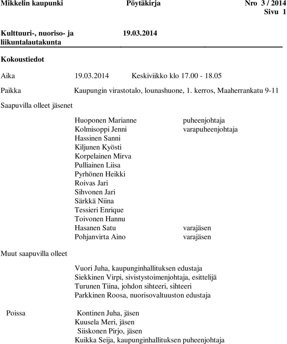 kerros, Maaherrankatu 9-11 Saapuvilla olleet jäsenet Huoponen Marianne Kolmisoppi Jenni Hassinen Sanni Kiljunen Kyösti Korpelainen Mirva Pulliainen Liisa Pyrhönen Heikki Roivas Jari Sihvonen Jari