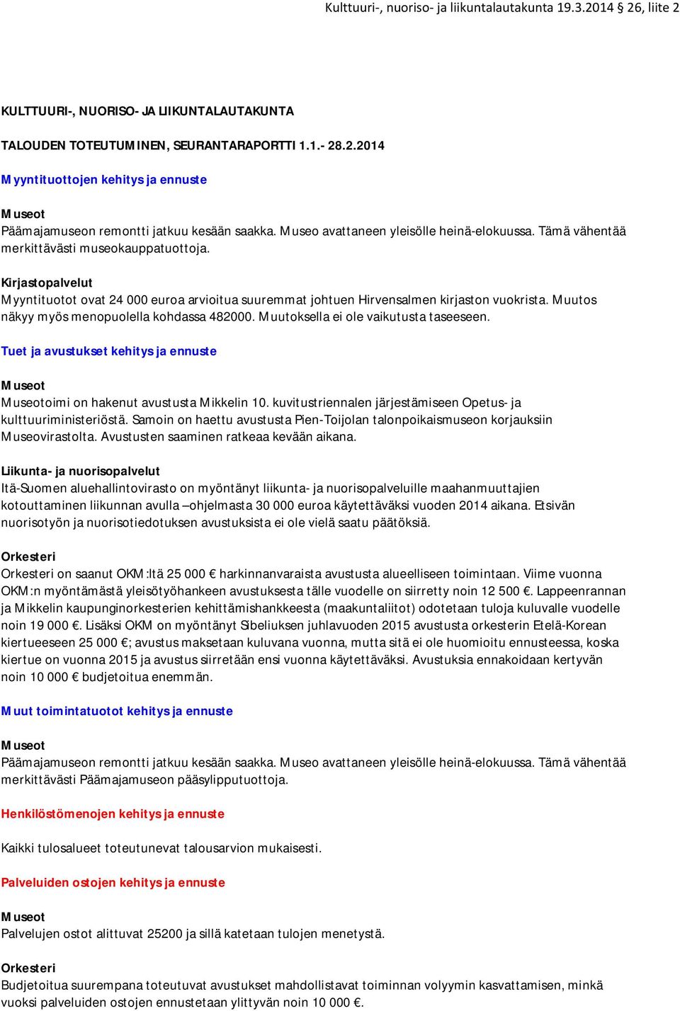 Kirjastopalvelut Myyntituotot ovat 24 000 euroa arvioitua suuremmat johtuen Hirvensalmen kirjaston vuokrista. Muutos näkyy myös menopuolella kohdassa 482000. Muutoksella ei ole vaikutusta taseeseen.