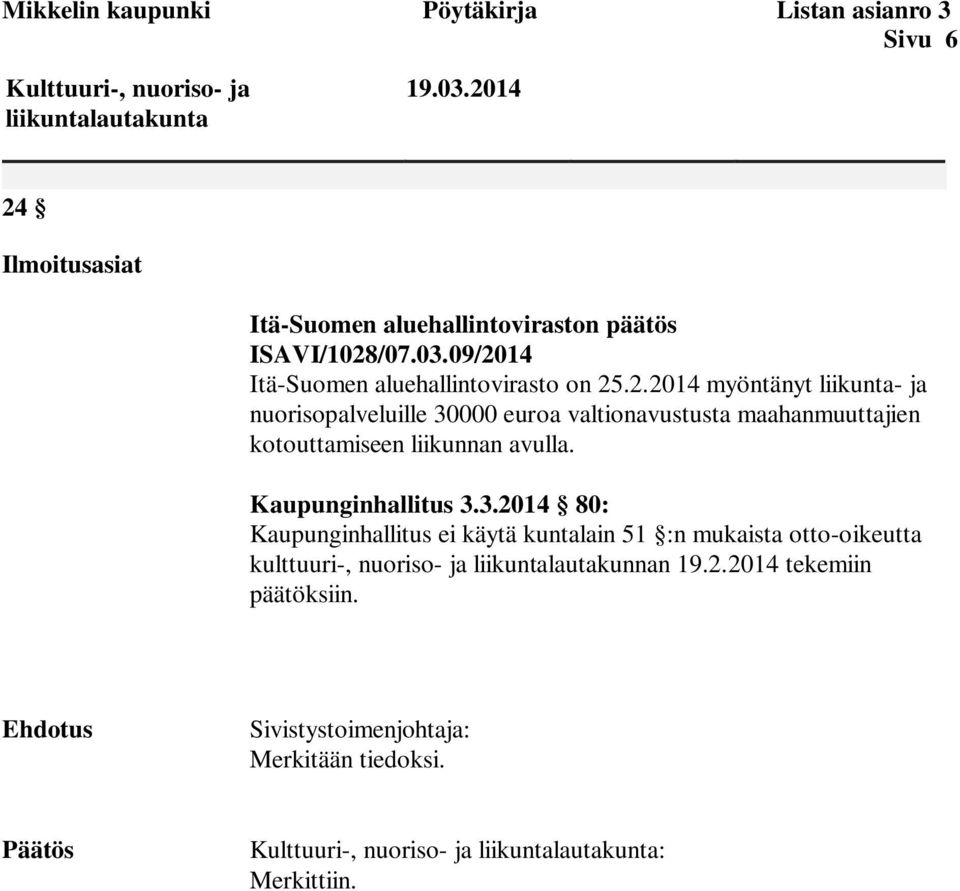 Kaupunginhallitus 3.3.2014 80: Kaupunginhallitus ei käytä kuntalain 51 :n mukaista otto-oikeutta kulttuuri-, nuoriso- ja liikuntalautakunnan 19.2.2014 tekemiin päätöksiin.