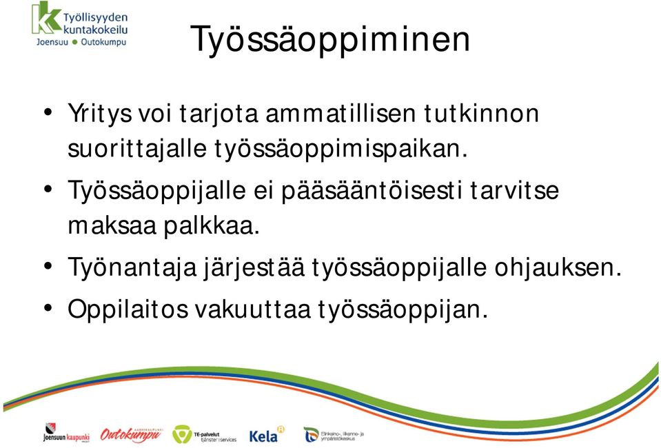 Työssäoppijalle ei pääsääntöisesti tarvitse maksaa palkkaa.