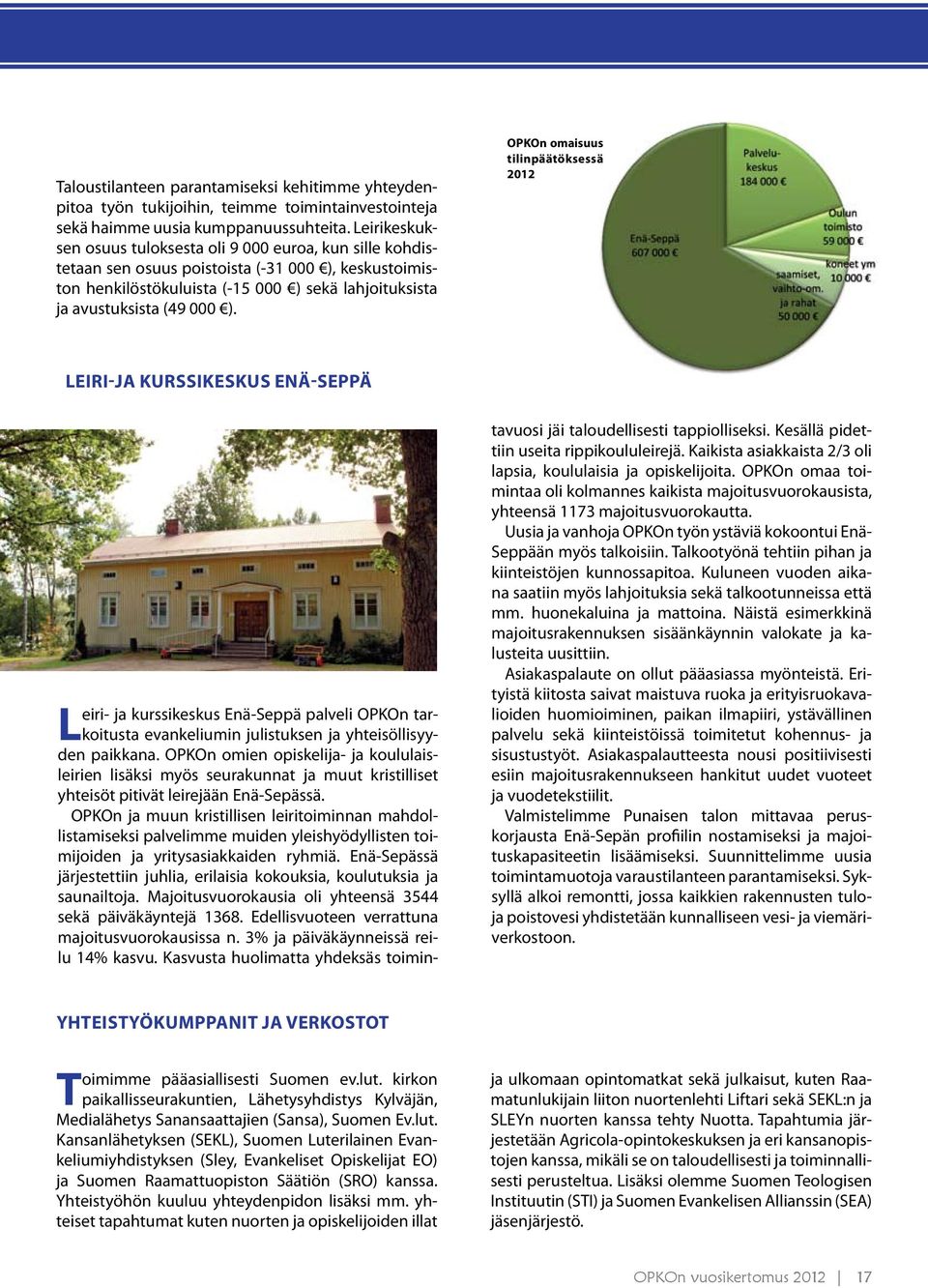 OPKOn omaisuus tilinpäätöksessä 2012 leiri-ja kurssikeskus enä-seppä Leiri- ja kurssikeskus Enä-Seppä palveli OPKOn tarkoitusta evankeliumin julistuksen ja yhteisöllisyyden paikkana.