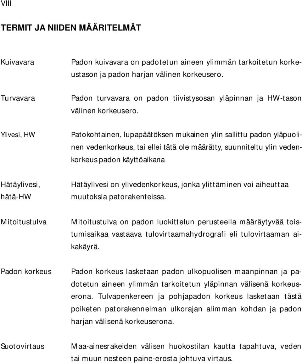 Ylivesi, HW Patokohtainen, lupapäätöksen mukainen ylin sallittu padon yläpuolinen vedenkorkeus, tai ellei tätä ole määrätty, suunniteltu ylin vedenkorkeus padon käyttöaikana Hätäylivesi, hätä-hw