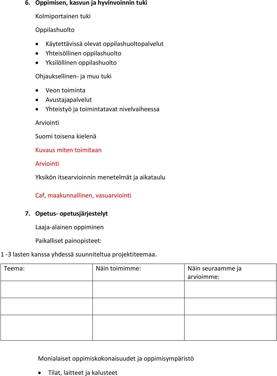 Yksikön itsearvioinnin menetelmät ja aikataulu Caf, maakunnallinen, vasuarviointi 7.