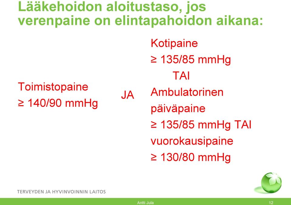 JA Kotipaine 135/85 mmhg TAI Ambulatorinen